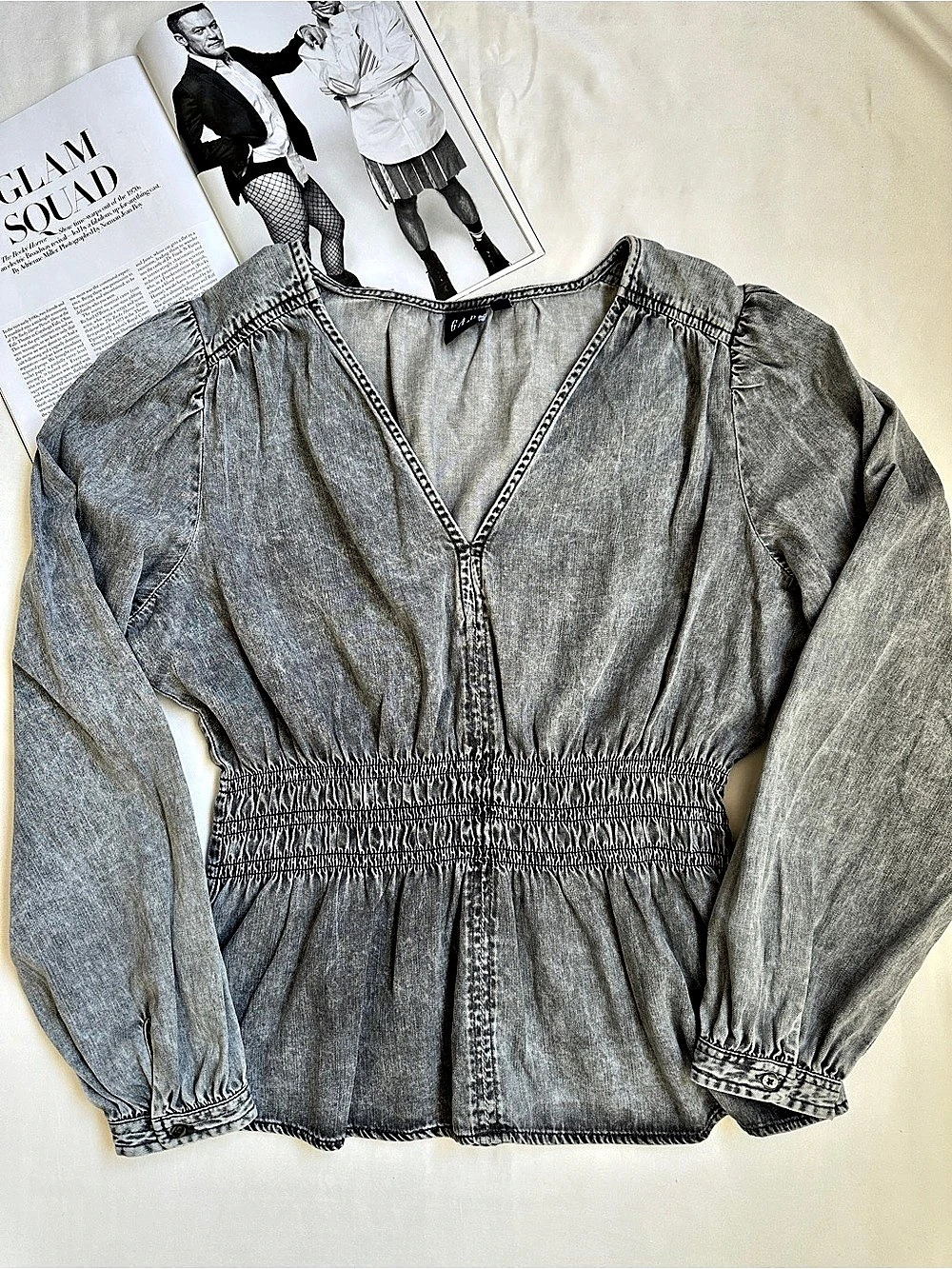 GAP Puff Sleeve Denim Peplum Top Gray